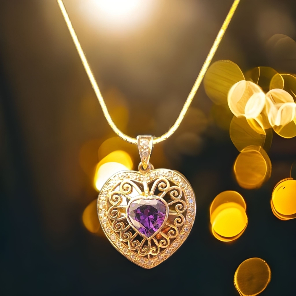 VINTAGE GENUINE AMETHYST HEART & DIAMONDS GOLD PLATED STERLING SILVER PENDANT